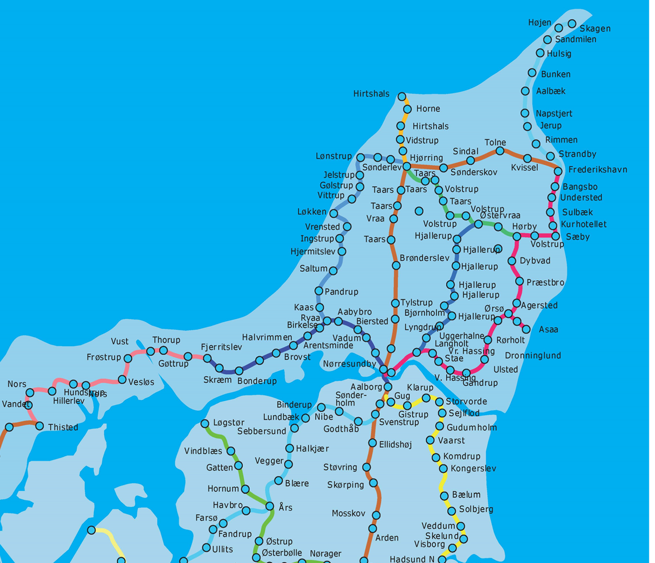 Kort over jernbanerne i Nordjylland da der var flest